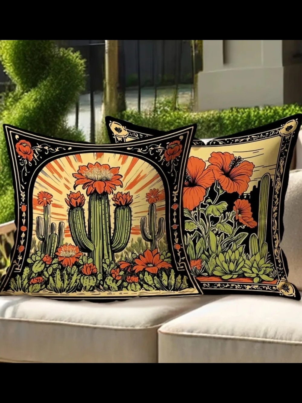 Southwestern Cactus Floral Throw Pillows— Orange & Green Set Of 2